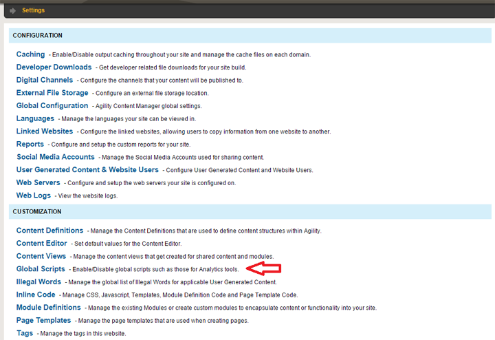 Agility CMS Settings