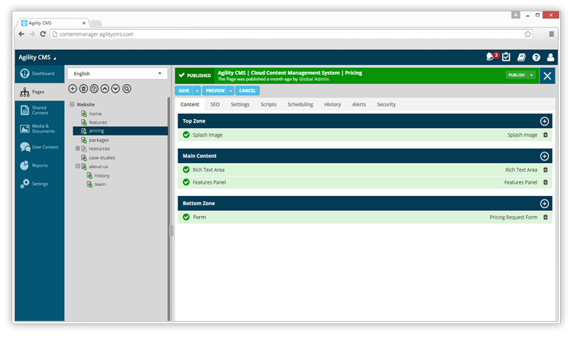 Agility CMS Pages Dashboard