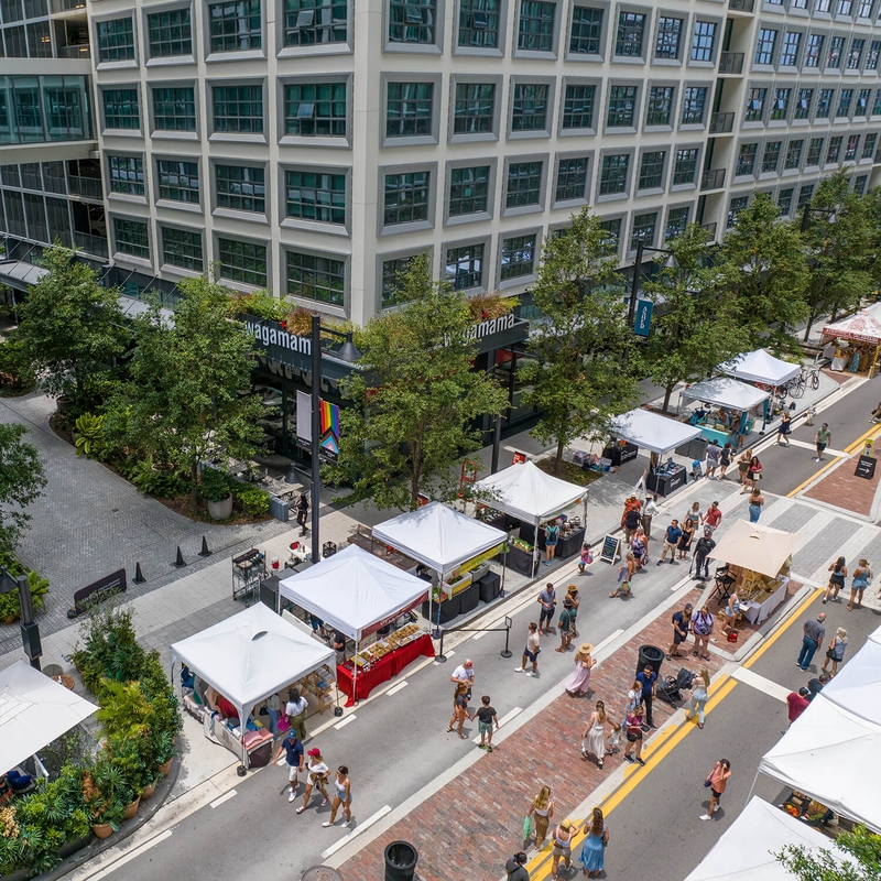 ariel phot of a street market with vendors and pedestrians 