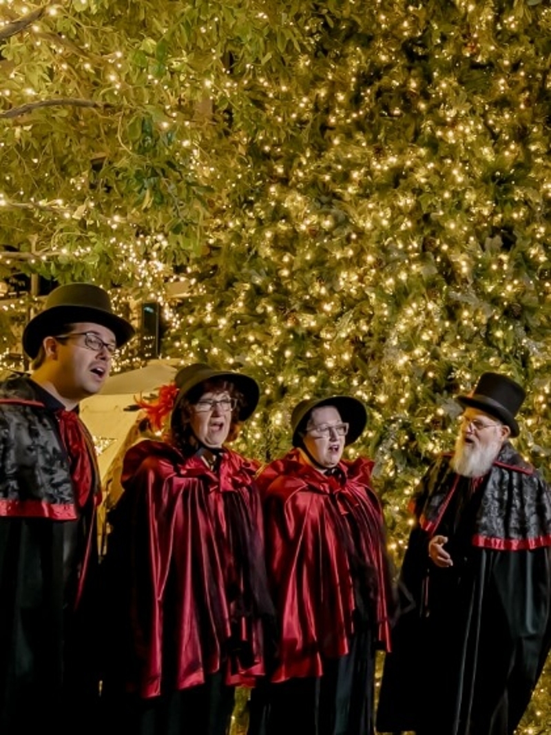 carolers sing in vintage clothing in front of a large lighted tree on Water Street