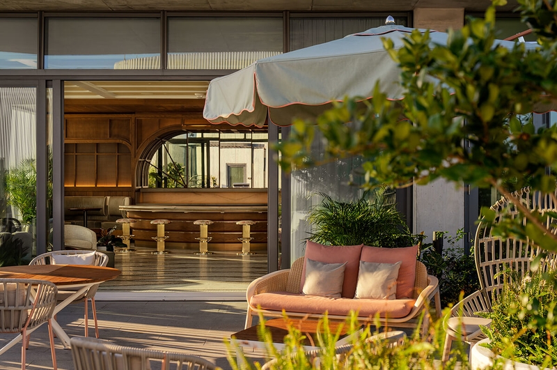 rooftop patio and bar at the Cora building