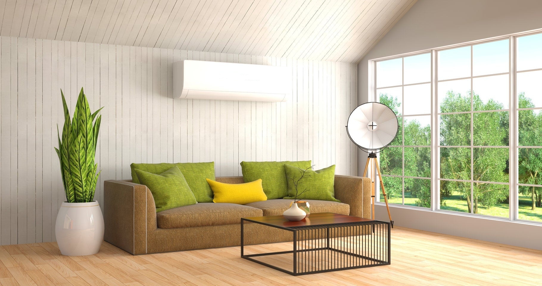 Mini-split heat pump installed in an airy upscale living room