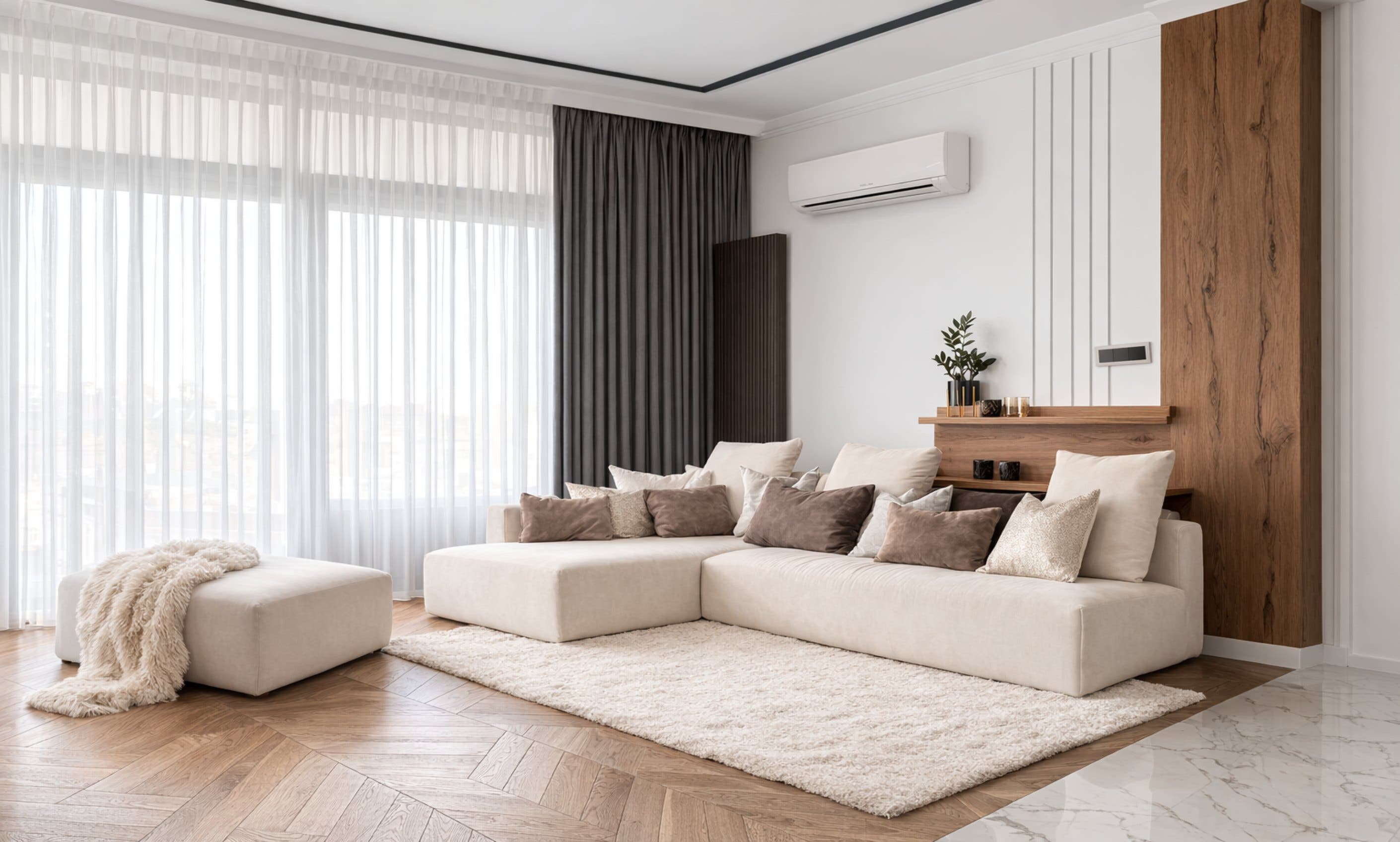 living room with a mini-split installed, Massachusetts heat pump rebates