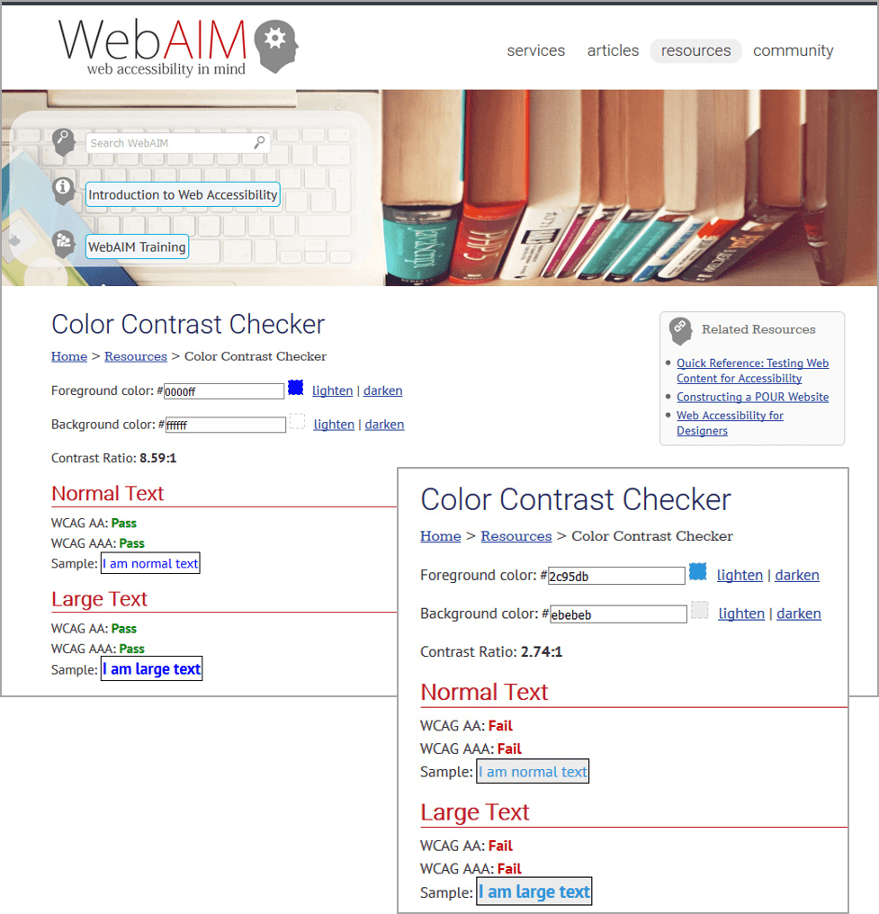 The WebAIM website screenshot shows how you can test your colors and text if they are AA or AAA compliant.