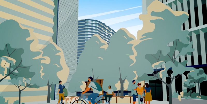 illustration of city parkette with pedestrians and cyclist