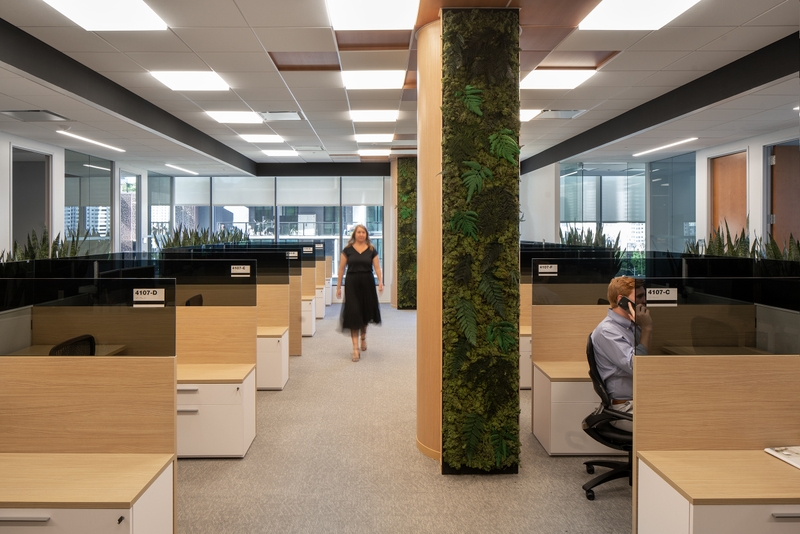 open office with employees walking and in their cubicle 