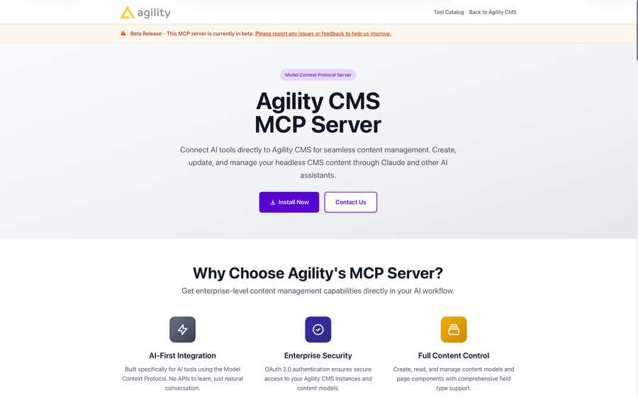 The MCP Server home page at mcp.agilitycms.com, where you install it and browse its tools