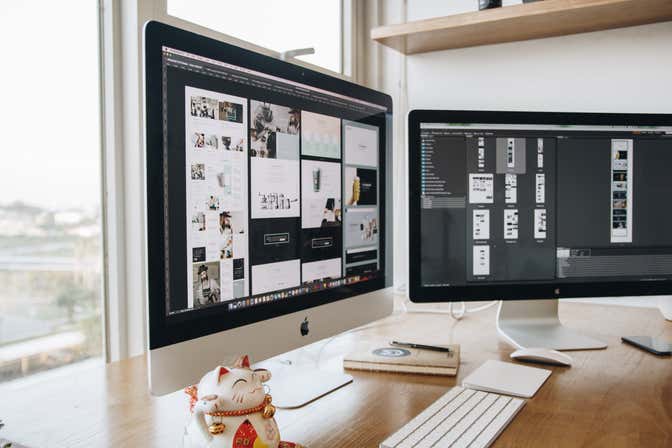 Dual-monitor design desk setup