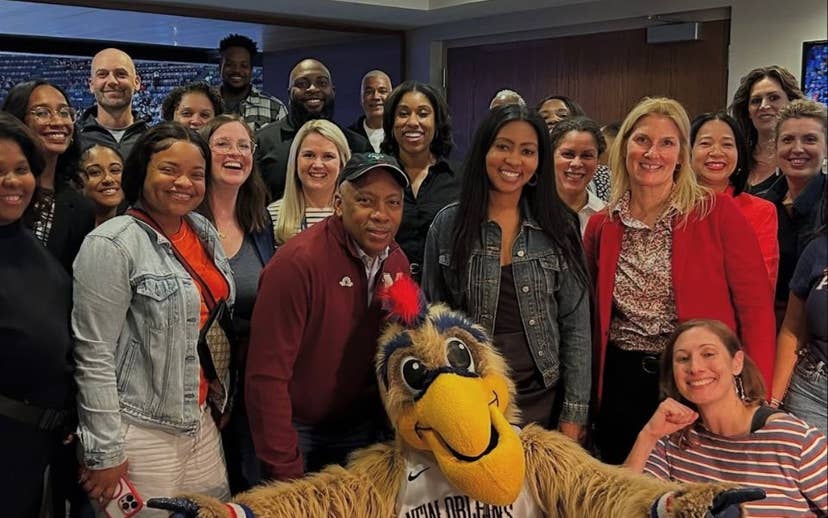 NBA Foundation group photo with Pelicans mascot