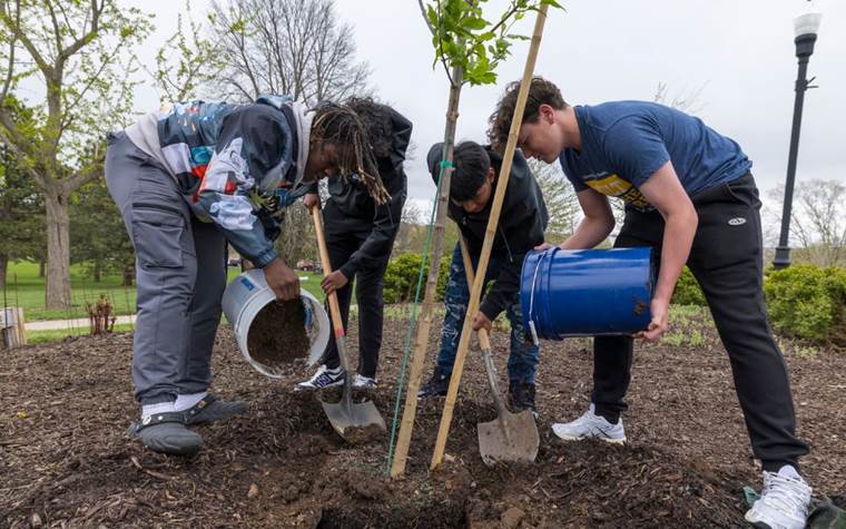 4 young boys planting a tree with shovels and buckets of dirt