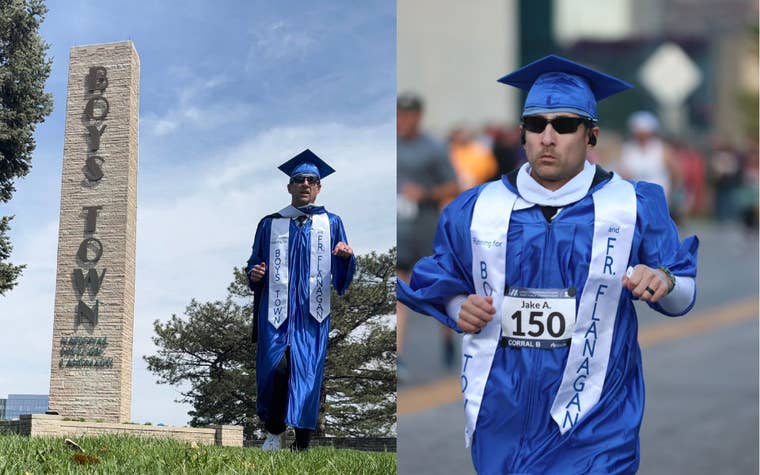 Jake Albanez running in a graduation cap and gown.