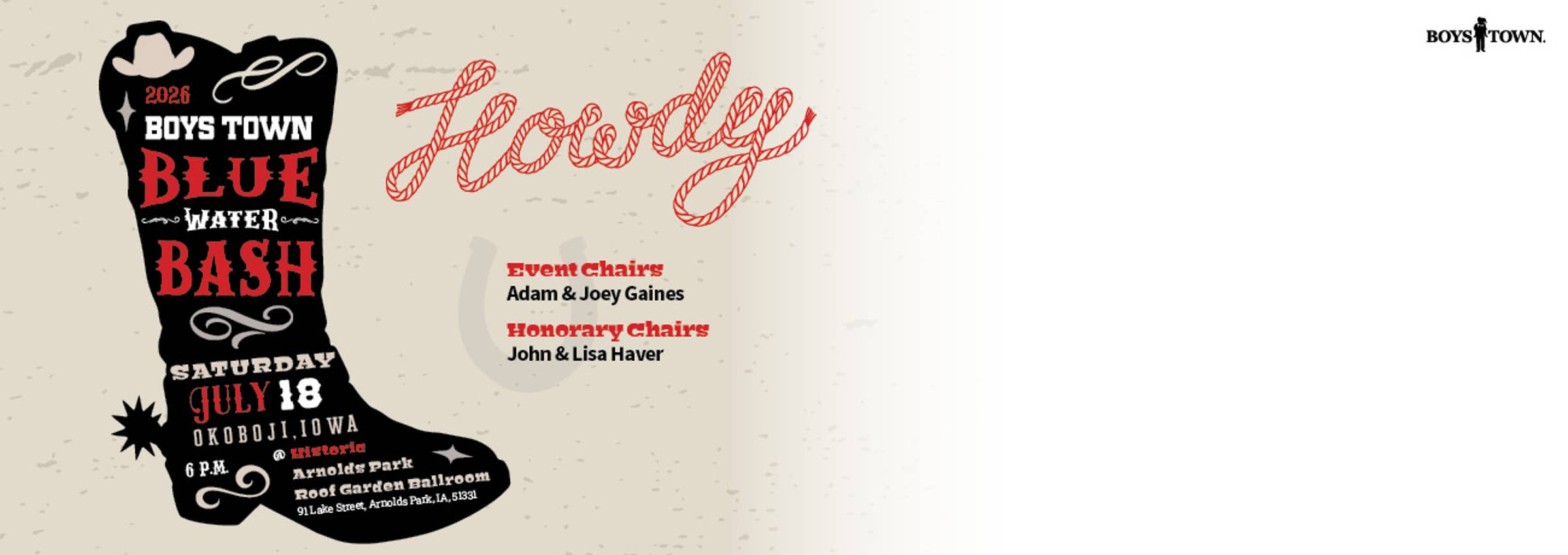 Blue water bash text in shape of a boot. Message says Howdy