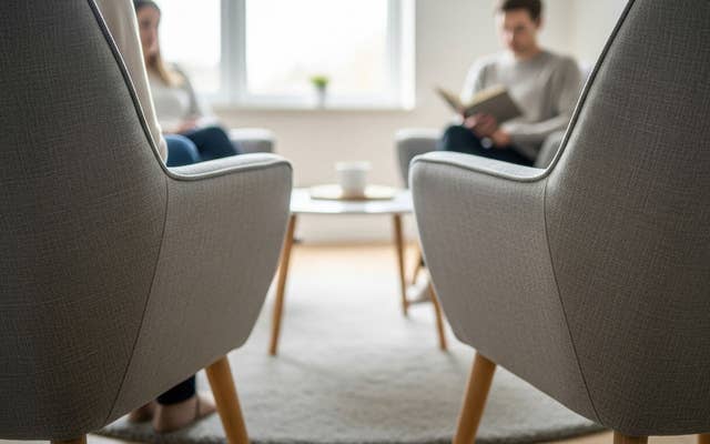 Interior consultation space with chairs and a table