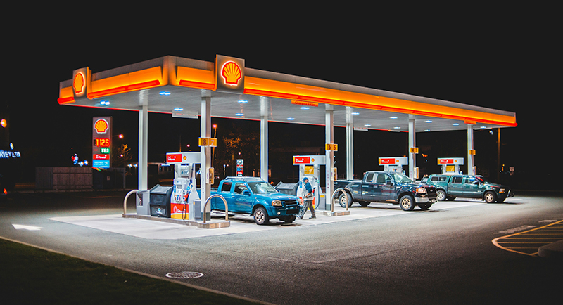 Shell gas station, night