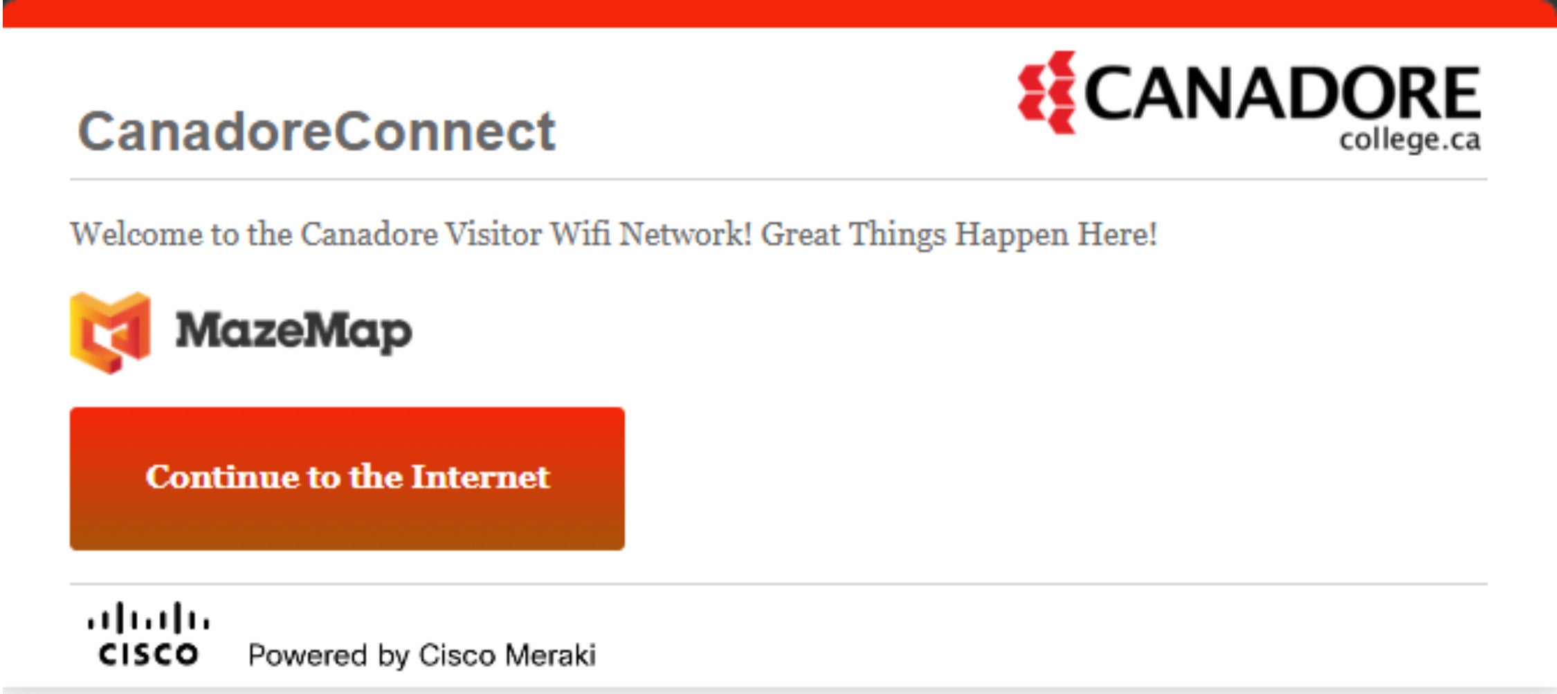 Screenshot showing CanadoreConnect Wifi Landing Page