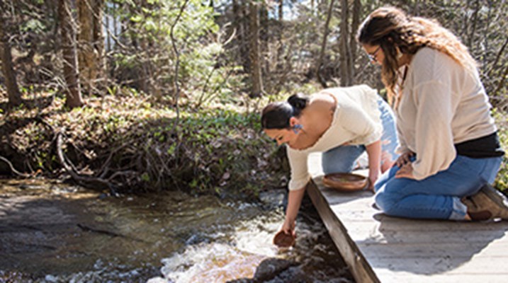 2 students reaching into a creek