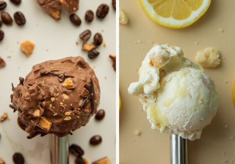 One image of a scoop of Midnight Toffee Flavor of the Day with mix-ins sprinkled around the flavor and another image of the Creamy Lemon Crumble Flavor of the Day with lemon slices and cookie pieces around the scoop.