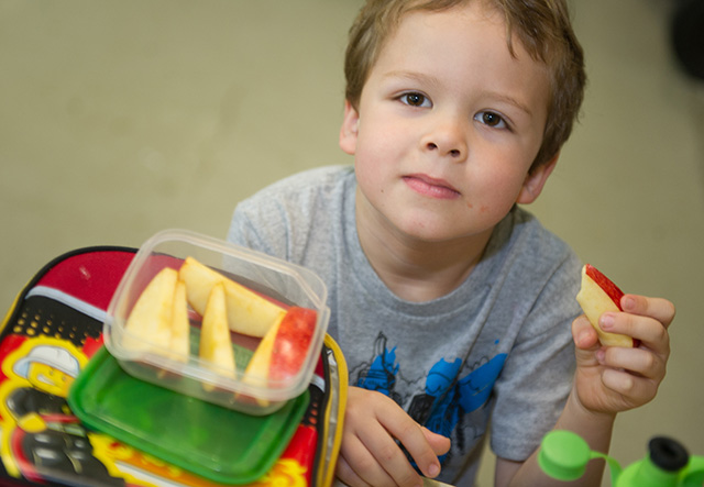 young boy holding an apple slice