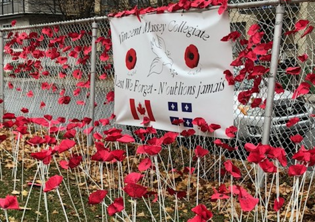 Poppies in front of Vincent Massey School