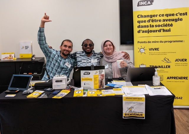 Photo caption: From left: Mazen Karim, SmartLife Coach; Eitel Houedakor, Bilingual Technology Consultant of the Come to Work program; and Sarah Aziz, Bilingual Program Lead of the Come to Work program, all at CNIB, take part in a cross- organization symposium on September 20, 2023. Photo courtesy of S. Aziz 