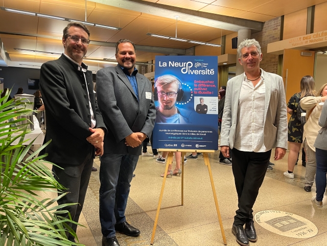 Les cofondateurs Martin Prévost, Pierre Bissonnette et Bruno Wicker lors d’un événement en juin 2023 sur l’inclusion des personnes neuroatypiques en milieu de travail. Photo courtoisie de M. Prévost 