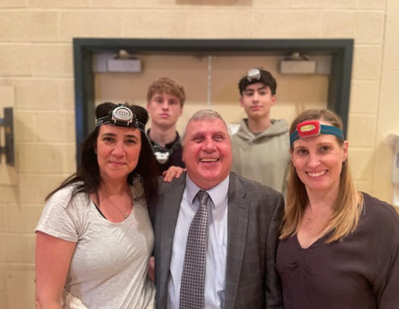  From left, back row: Volunteers Cole Munro and Jacob Karpfen. front row volunteer Annie Krespil; Lucio D’Intino, and volunteer Gina Mills at Dinner in the Dark during White Cane Week at the Lethbridge-Layton- Mackay Rehabilitation Centre on February 8. 