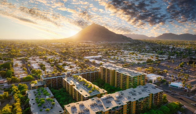 An aerial view of Old Town Scottsdale and Camelback Mountain (Photo by Sean O'Brien for Experience Scottsdale.)