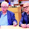 From left, The Gazette’s Bill Brownstein (a Westmounter) interviewed author Christophe Lebold about his Leonard Cohen book at Westmount High School on October 30.