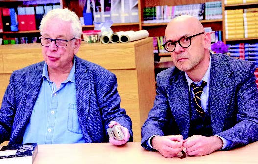 From left, The Gazette’s Bill Brownstein (a Westmounter) interviewed author Christophe Lebold about his Leonard Cohen book at Westmount High School on October 30.