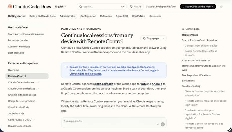 Claude Code Remote Control documentation page showing the feature overview and requirements