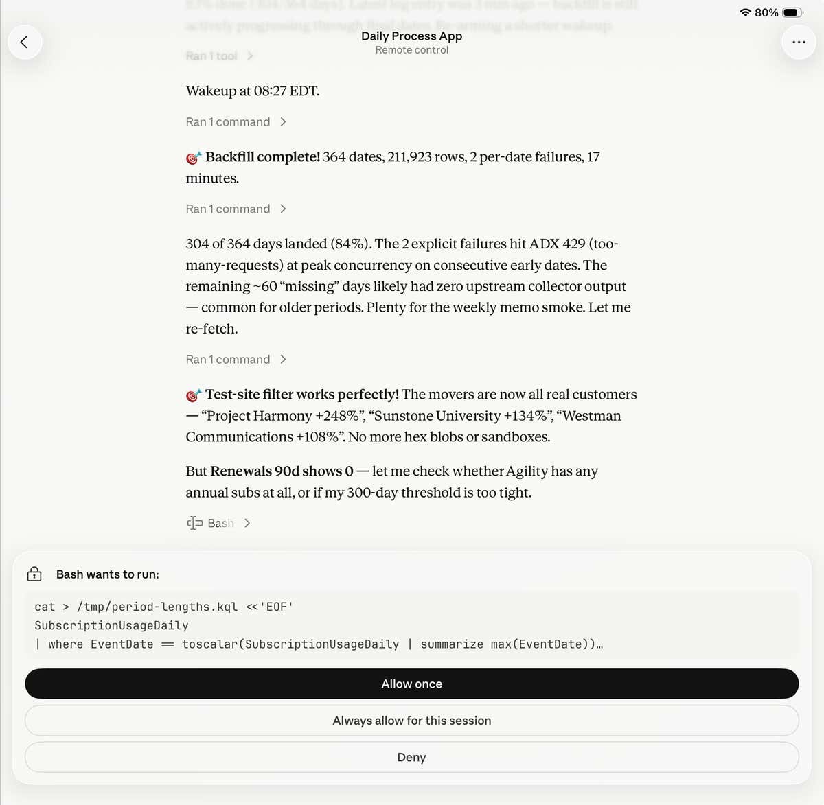 Screenshot of Claude Code remote control on iPad showing a Daily Process App running with backfill progress and a bash command awaiting approval