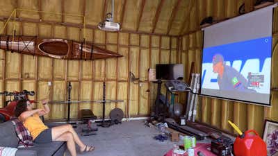 The she shed, with the Jays up on the big screen