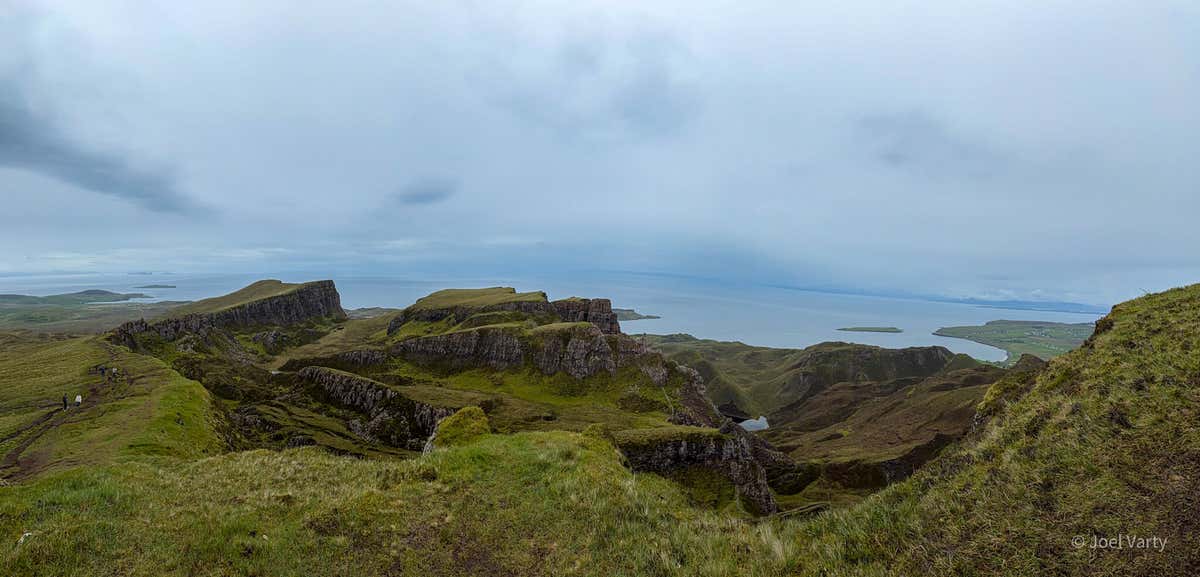 From up near the summit of the Quiraing, the whole landslip spread out below toward the sea