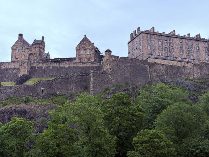 Looking up at the castle from below, the trees crowding in along the base of the rock