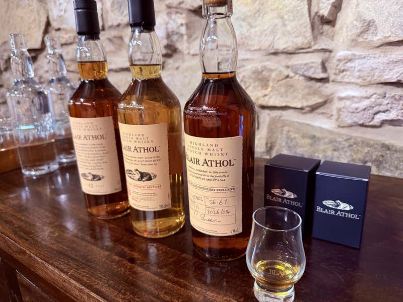 Three Blair Athol single malts lined up on the bar