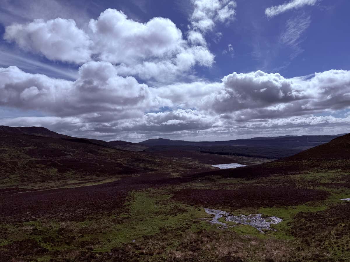 Up through the heather moorland, the loch glinting in the distance