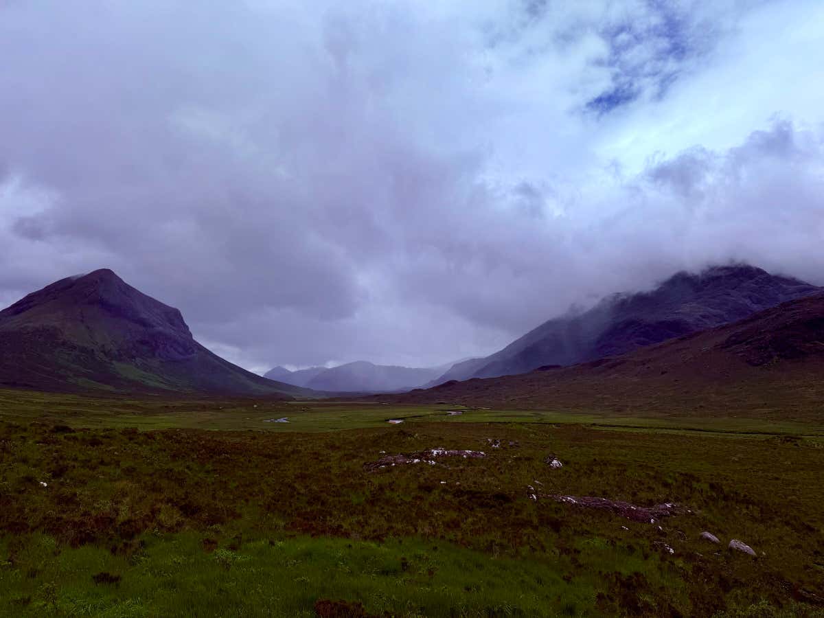 Glen Sligachan opening out ahead, mountains rising on either side, the kind of grey weather Skye lays on