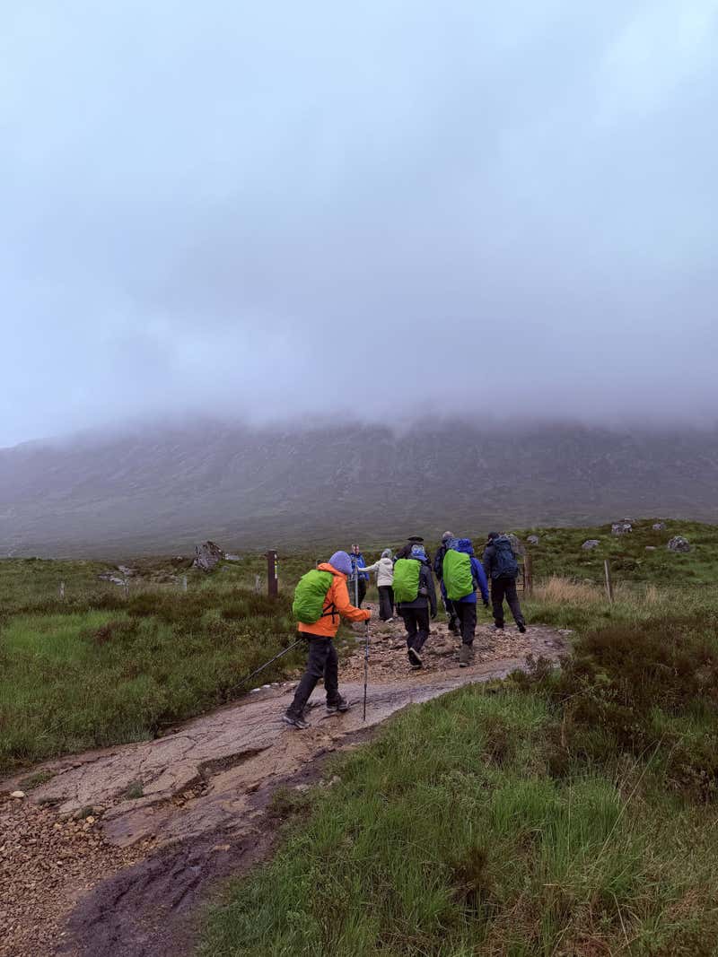 Setting out single file on the flat section before the climb