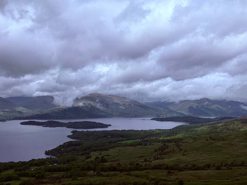Loch Lomond from the ridge, the cloud sitting low on the mountains across the water