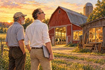 Dad and me looking at the red barn and his workshop at sunset, a ChatGPT illustration