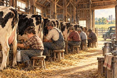 ChatGPT: milking by hand, 1950s