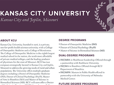Kansas City University factsheet; programs, dual degree programs