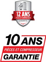 Logo de "12 Ans Pièces et Compresseur" et "10 Ans Pièces et Compresseur Garantie"