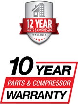 "12 Year Parts & Compressor Warranty" icon and "10 Year Parts & Compressor Warranty icon"