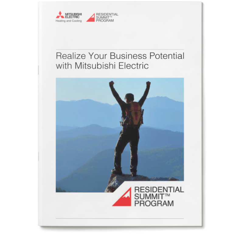 Front cover of Residential Summit Program brochure featuring a person standing on a mountain peak with arms raised, text reads 'Realize Your Business Potential with Mitsubishi Electric', and program logo at the bottom.