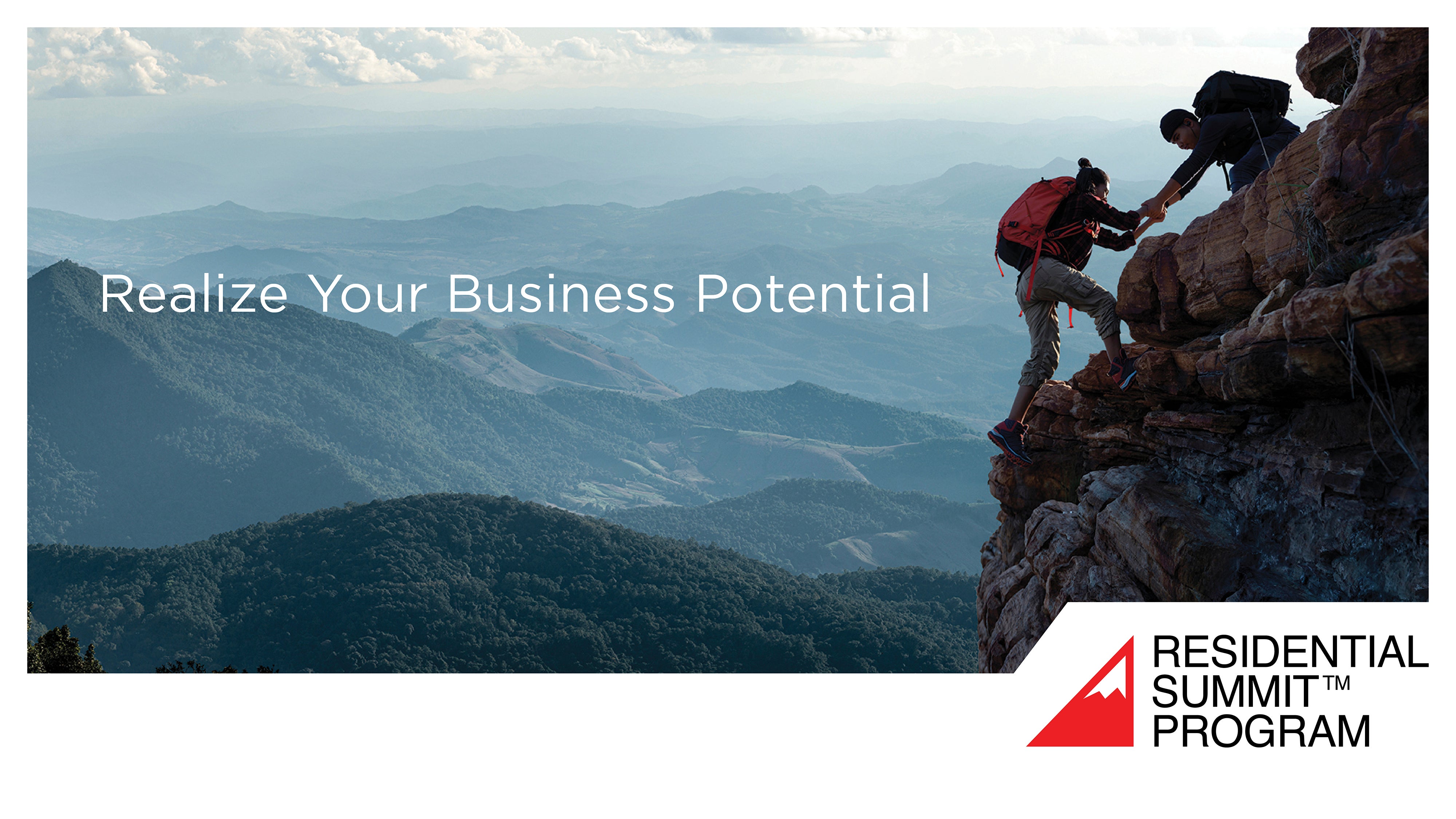 Two climbers on a rocky mountain ledge, one helping the other ascend, with text 'Realize Your Business Potential' and Residential Summit Program logo in the bottom right.