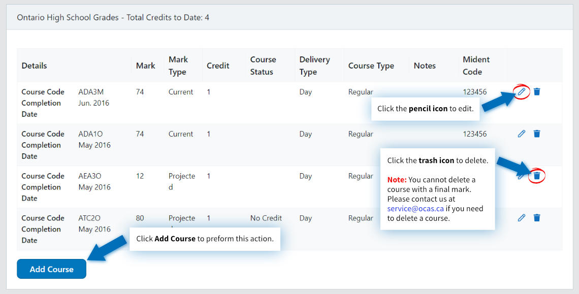 Click pencil icon to edit. Click trash icon to delete. Email OCAS if you need to delete a course with a final mark. Add course to finish.