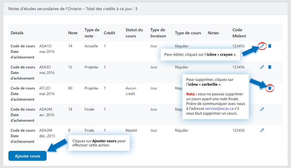 Cliquez sur l'icône du crayon pour modifier. Cliquez sur l'icône de la corbeille pour supprimer. Envoyez un courriel au OCAS si vous devez supprimer un cours avec une note finale. Ajouter cours à terminer.