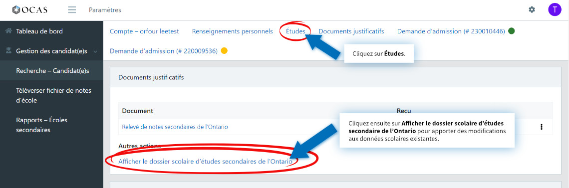 Cliquez sur l'onglet Études. Cliquez ensuite sur Afficher le dossier scolaire d'études secondaires de l'Ontario pour apporter des modifications aux données scolaires existantes.