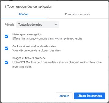 Dans la boîte de dialogue « Effacer les données de navigation », dans l'onglet Général, les trois cases sont sélectionnées : « Historique de navigation », « Cookies et autres données des sites », et « Images et fichiers en cache ».